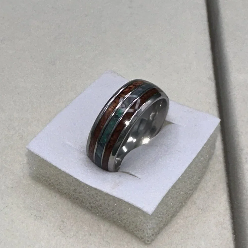 Mens Tungsten Carbide Ring With Wood & Opal Inlay Durable & Stylish Design - Picture 2 of 13